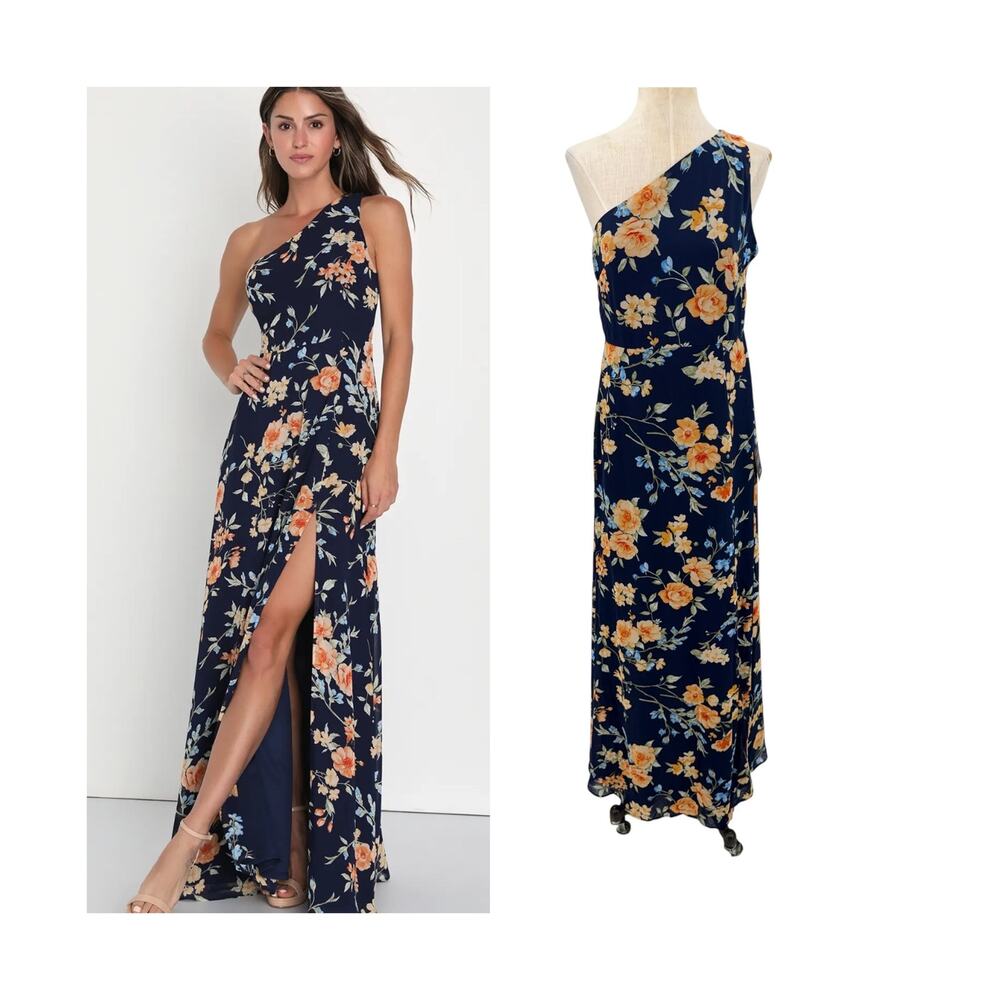 Lulus Elegant Admiration Floral One Shoulder Maxi Dress Navy Blue Size M NWT